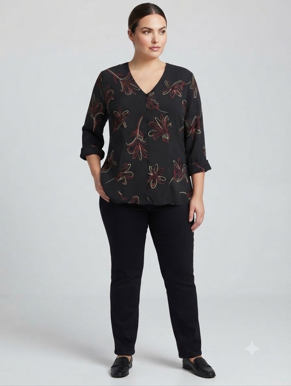 Magic Colors Black Floral V-Neck Button Front Blouse Plus Size 3X NWT
